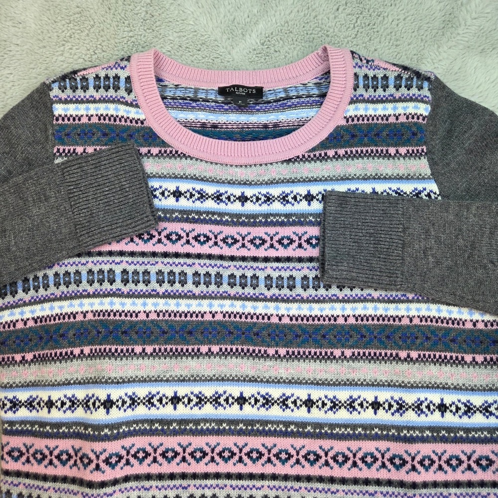 Talbots Fair Isle Sweater‎ Womens Petite P Pink Blue Grey Lambswool Knit CN5080
